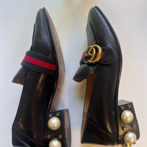 Gucci Black Leather Peyton Pearl Loafer Heel GG Marmont - Picture 4 of 13